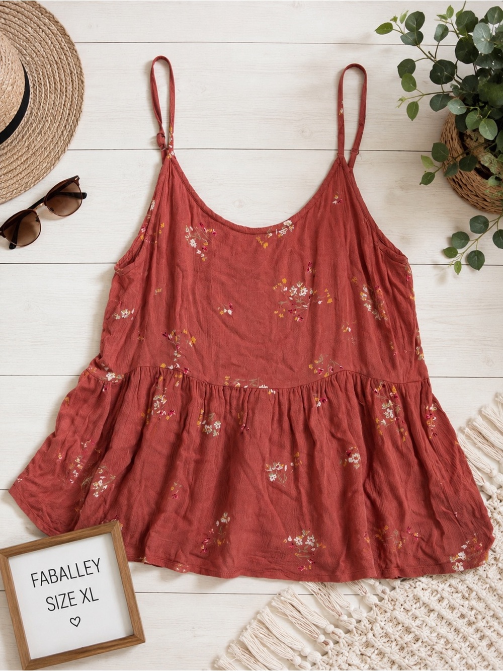 🌸 FABALLEY Floral Babydoll Cami Tank Top XL Rust Orange Flowy Boho Sleeveless